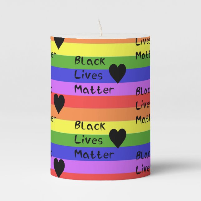 Rainbow Flag Black Lives Matter Text LGBTQ Pillar Candle (Front)