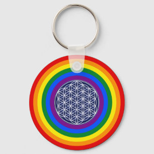 RAINBOW FLAG BUTTON + FLOWER OF LIFE KEYCHAIN