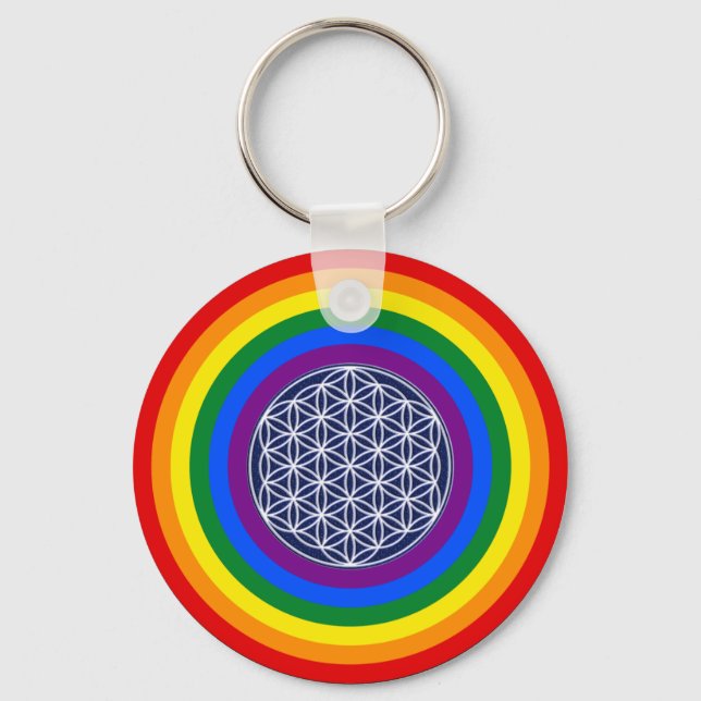 RAINBOW FLAG BUTTON + FLOWER OF LIFE KEYCHAIN (Front)
