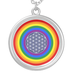 RAINBOW FLAG BUTTON + FLOWER OF LIFE SILVER PLATED NECKLACE