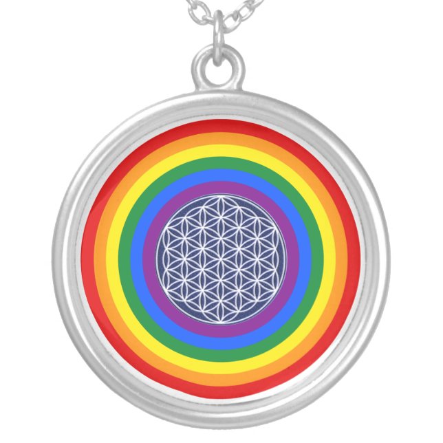 RAINBOW FLAG BUTTON + FLOWER OF LIFE SILVER PLATED NECKLACE (Front)
