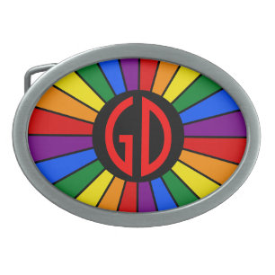 RAINBOW FLAG BUTTON RAYS + your sign or monogram Belt Buckle