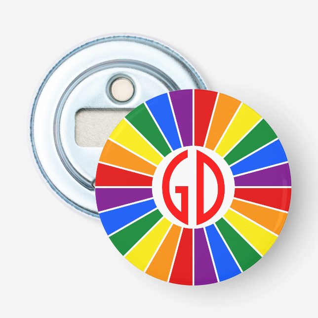 RAINBOW FLAG BUTTON RAYS + your sign or monogram Bottle Opener (Front)