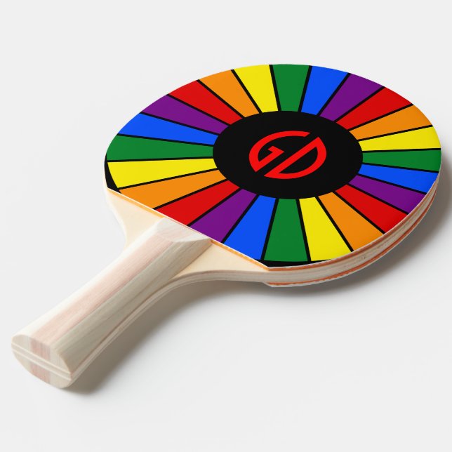 RAINBOW FLAG BUTTON RAYS + your sign or monogram Ping Pong Paddle (Front Angle)