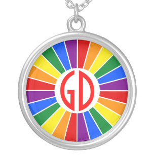 RAINBOW FLAG BUTTON RAYS + your sign or monogram Silver Plated Necklace