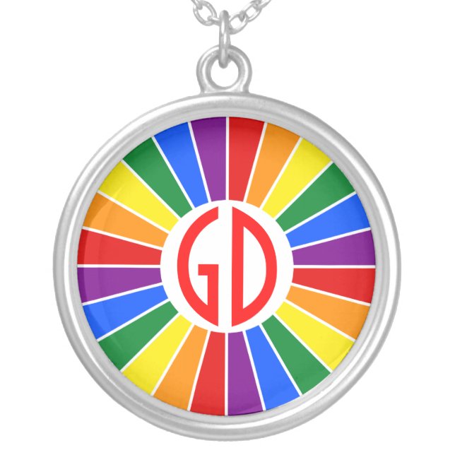 RAINBOW FLAG BUTTON RAYS + your sign or monogram Silver Plated Necklace (Front)