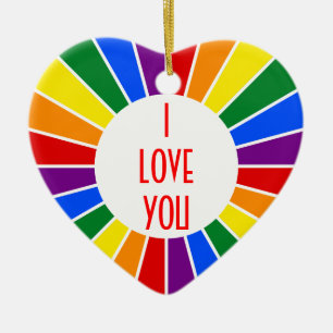 RAINBOW FLAG BUTTON RAYS + your sign or text Ceramic Ornament