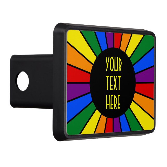 RAINBOW FLAG BUTTON RAYS + your sign or text Hitch Cover (Right)