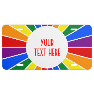 RAINBOW FLAG BUTTON RAYS + your sign or text License Plate