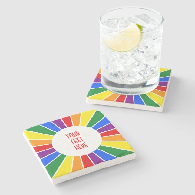 RAINBOW FLAG BUTTON RAYS + your sign or text Stone Coaster (Side)