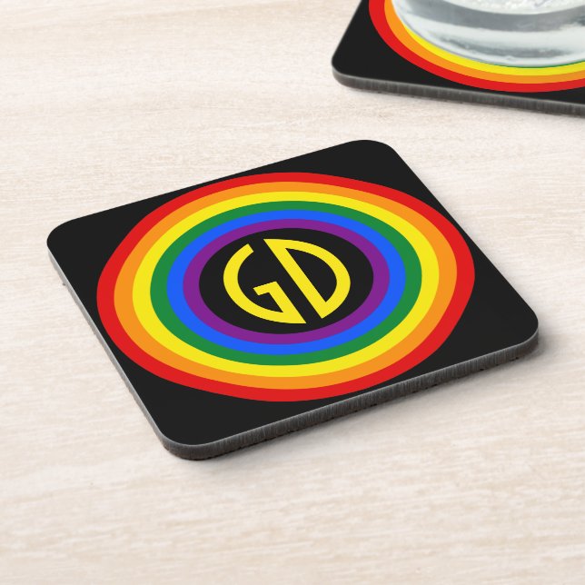 RAINBOW FLAG BUTTON + your sign or monogram Drink Coaster (Left Side)