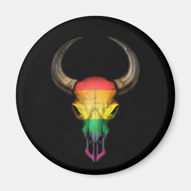 Rainbow Flag Gay Pride Bull Skull on Black Magnet (Front)