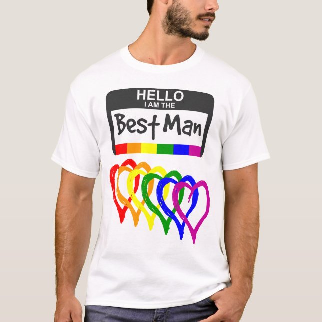 Rainbow Flag Hearts Best Man Name Badge Wedding T-Shirt (Front)