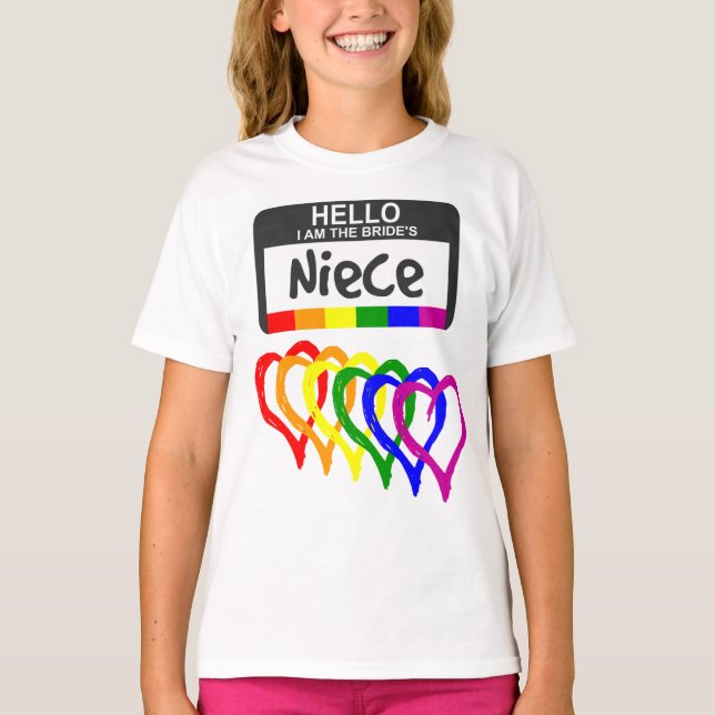 Rainbow Flag Hearts Bride Niece Name Badge T-Shirt (Front)