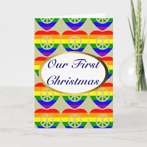 Rainbow flag hearts Gay Marriage First Christmas Holiday Card