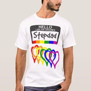 Rainbow Flag Hearts Groom Stepdad Name Badge T-Shirt