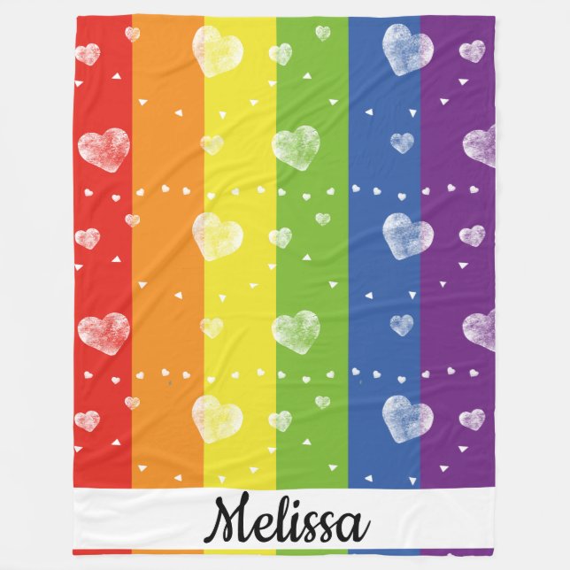 Rainbow Flag | Hearts | Name | Fleece Blanket (Front)