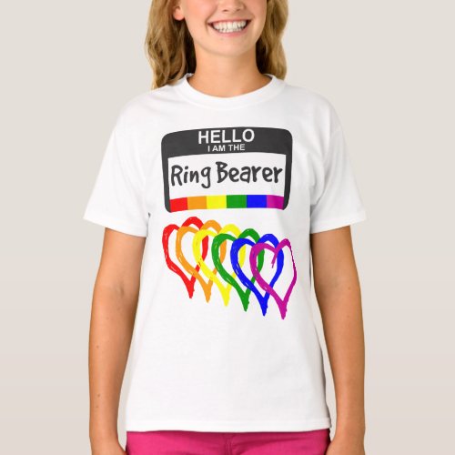 Rainbow Flag Hearts Ring Bearer Name Badge Wedding T_Shirt