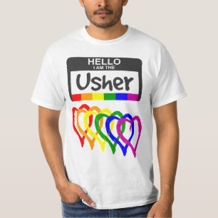 Rainbow Flag Hearts Usher Name Badge Wedding T-Shirt