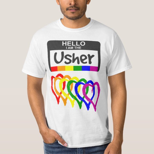 Rainbow Flag Hearts Usher Name Badge Wedding T-Shirt (Front)