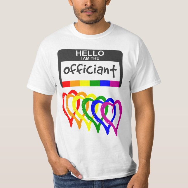 Rainbow Flag Hearts Wedding Officiant Name Badge T-Shirt (Front)