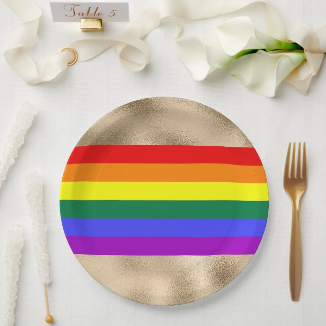 Rainbow Flag on Gold Paper Plates (Wedding)