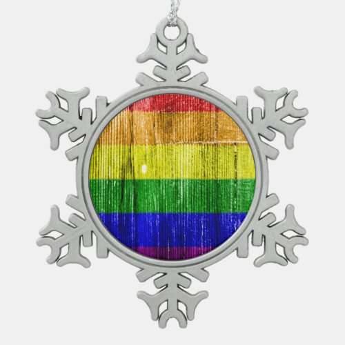 RAINBOW FLAG SQUARE WOOD PATTERN _png Snowflake Pewter Christmas Ornament