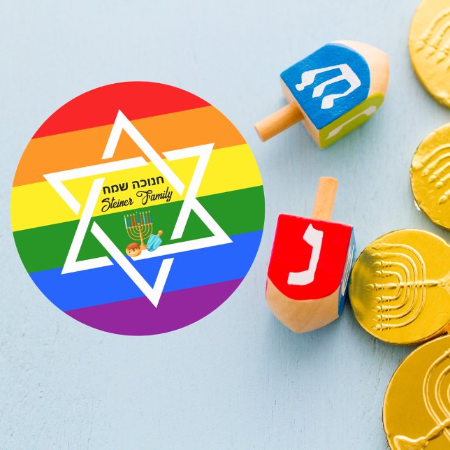 Rainbow Flag Star of David Hebrew Happy Hanukkah Classic Round Sticker (Creator Uploaded)