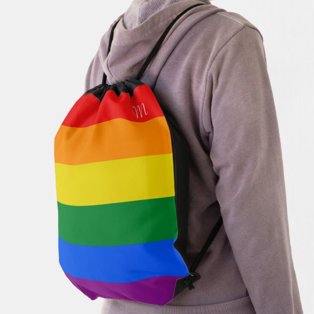 Rainbow flag stripes drawstring bag (Insitu)