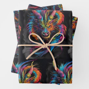 Rainbow Flame – Multi-colored Fantasy Dragon Wrapping Paper Sheets