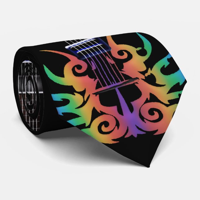 Rainbow Flames Electric Guitar Music Neck Tie (Rolled)
