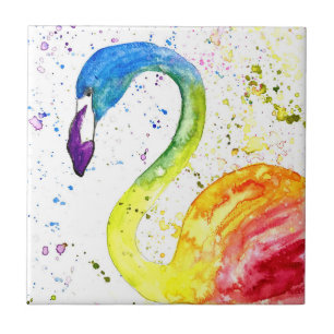 Rainbow flamingo Tropical birds watercolor Cute Ceramic Tile