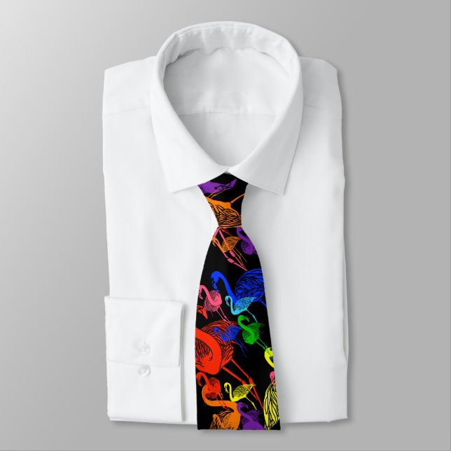 Rainbow Flamingos Black Business Suit Wedding Gay Neck Tie (Tied)