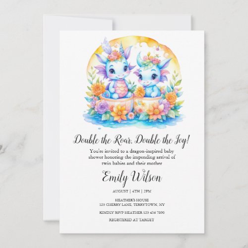 RAINBOW FLORAL BABY DRAGONS TWINS BABY SHOWER INVITATION