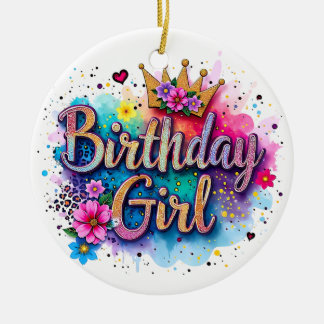 Rainbow Floral Birthday Girl Ceramic Ornament