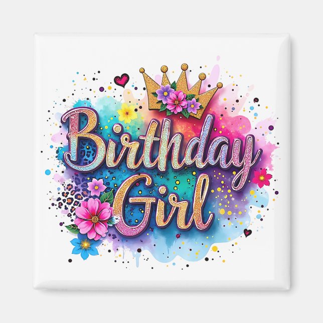 Rainbow Floral Birthday Girl Magnet (Front)
