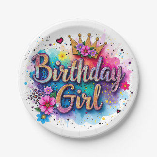 Rainbow Floral Birthday Girl Paper Plates