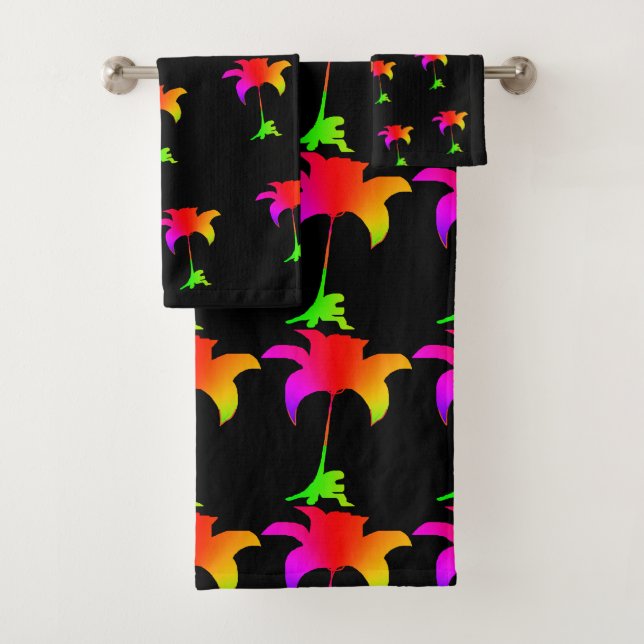 Rainbow Floral Black  Bath Towel Set (Insitu)