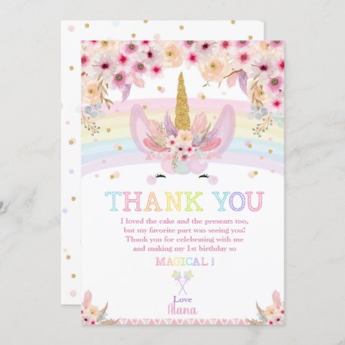 Rainbow Floral Boho Unicorn Birthday Thank You Invitation