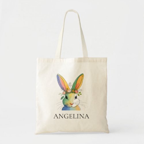 Rainbow Floral Bunny Personalized Easter Tote Bag