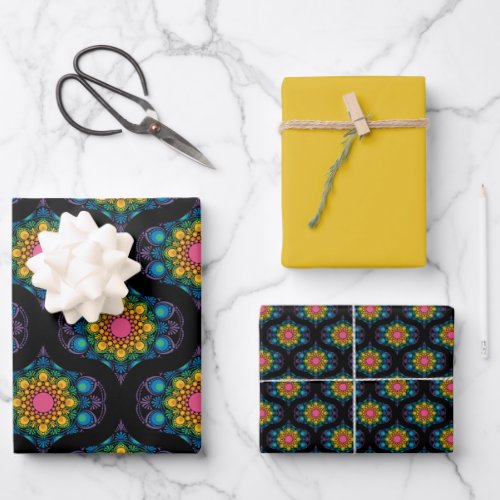 Rainbow Floral Fountain Mandala 1970s Retro Ogee Wrapping Paper Sheets