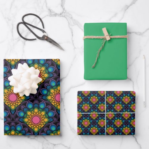 Rainbow Floral Fountain Mandala Art Deco Scallop Wrapping Paper Sheets