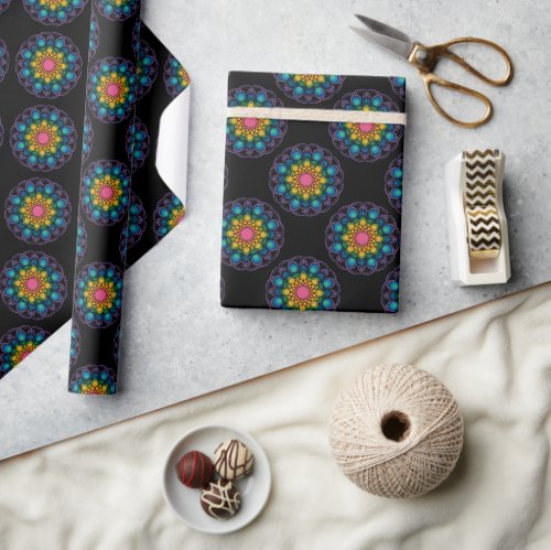 Rainbow Floral Fountain Mandala Polka Dots Wrapping Paper