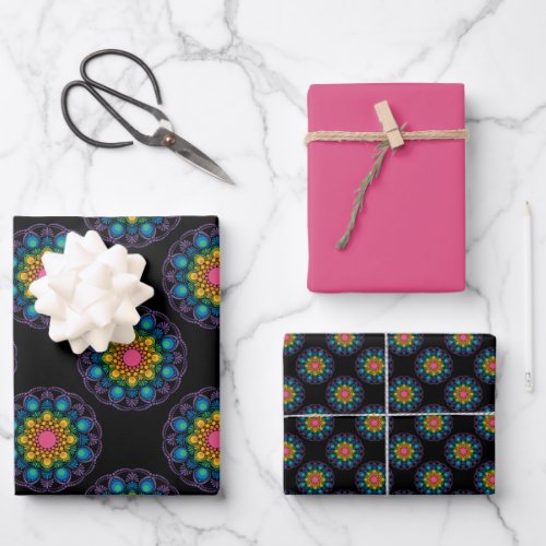 Rainbow Floral Fountain Mandala Polka Dots Wrapping Paper Sheets