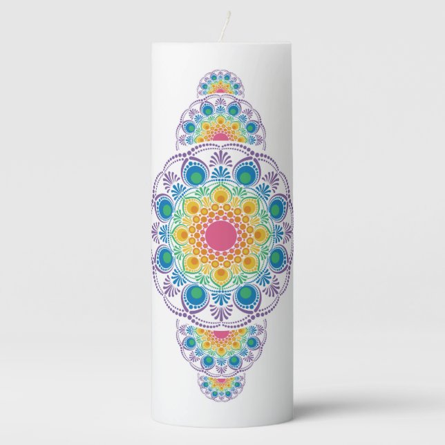 Rainbow Floral Fountain Ornamental Dot Mandala Pillar Candle (Front)
