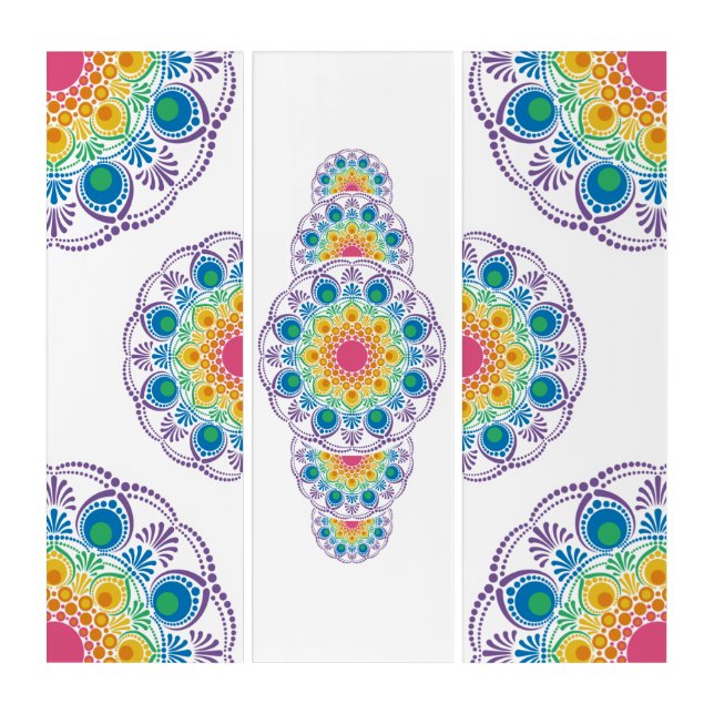 Rainbow Floral Fountain Ornamental Dot Mandala Triptych (Front)