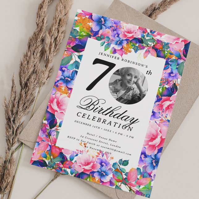 Rainbow Floral Garden Photo 70th Birthday Party Invitation (Rainbow Floral Garden Photo 70th Birthday Party Invitation)