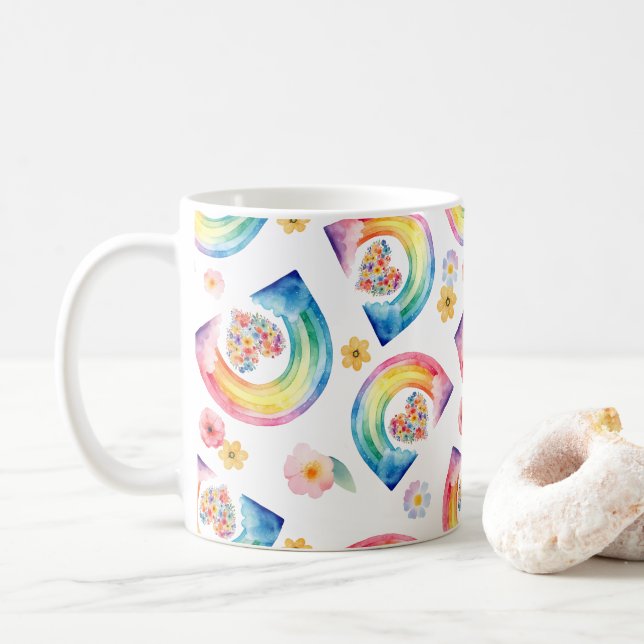 Rainbow Floral Heart Mug – Bright Watercolor Gift (With Donut)