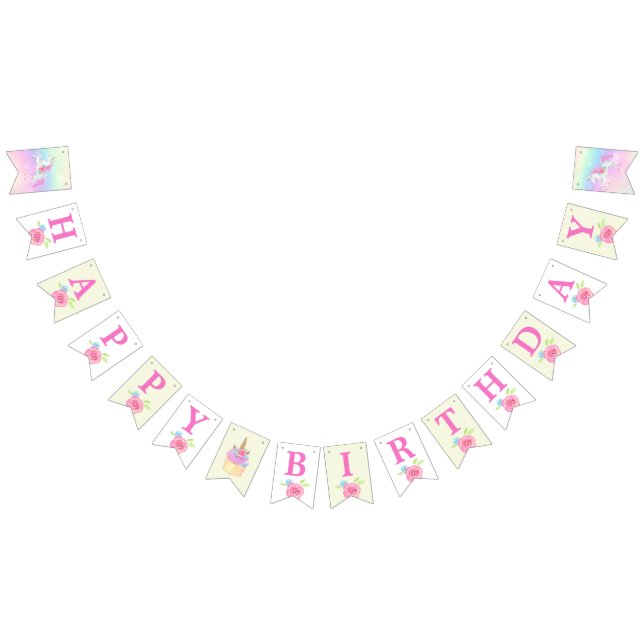 Rainbow Floral Magical Unicorn Girl Birthday Bunting Flags (All)