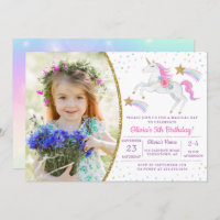 Rainbow Floral Magical Unicorn Girl Birthday Photo Invitation